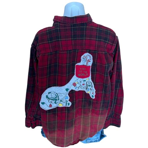 Toy Story Plaid Flannel Shirt Shacket XL Christmas Oversize Upcycle Unique Forky - Picture 1 of 6